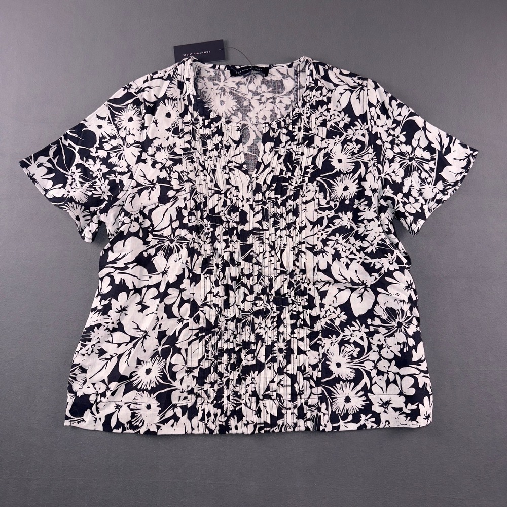 Tommy Hilfiger Santorini Navy White Floral Linen Blend Pintuck Blouse J5CMH045 L